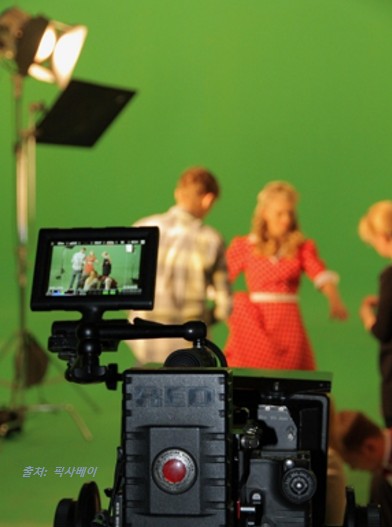 스튜디오에서 그린스크린을 배경으로 방송 촬영