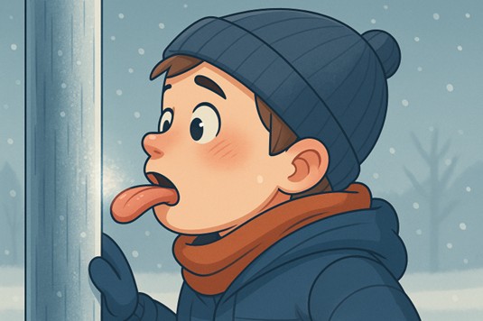 소년이 쇠기둥에 혀를 대보려 한다