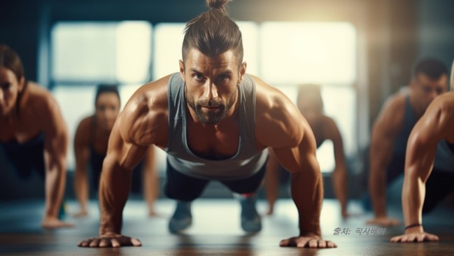 푸쉬업 운동을 하는 근육맨들 이미지