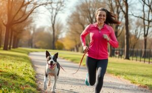 개를 데리고 조깅하는 여자
