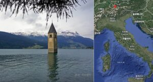 레시아 호수와 쿠론의 종탑, 그리고 위치 지도