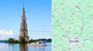 칼랴진의 종탑 사진과 도시 칼랴진의 위치 설명 지도