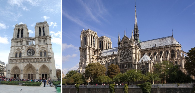 노트르담 대성당 정면과 세느강에서 바라본 측면 모습을 결합한 사진