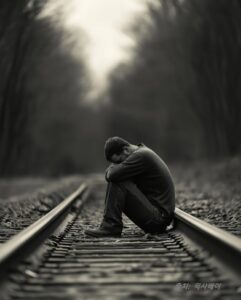 철로에 앉아 있는 좌절한 남자의 이미지
