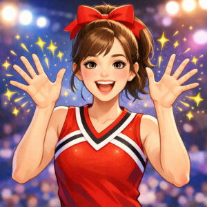 손가락을 활짝 펼치며 미소짓는 치어리더 이미지