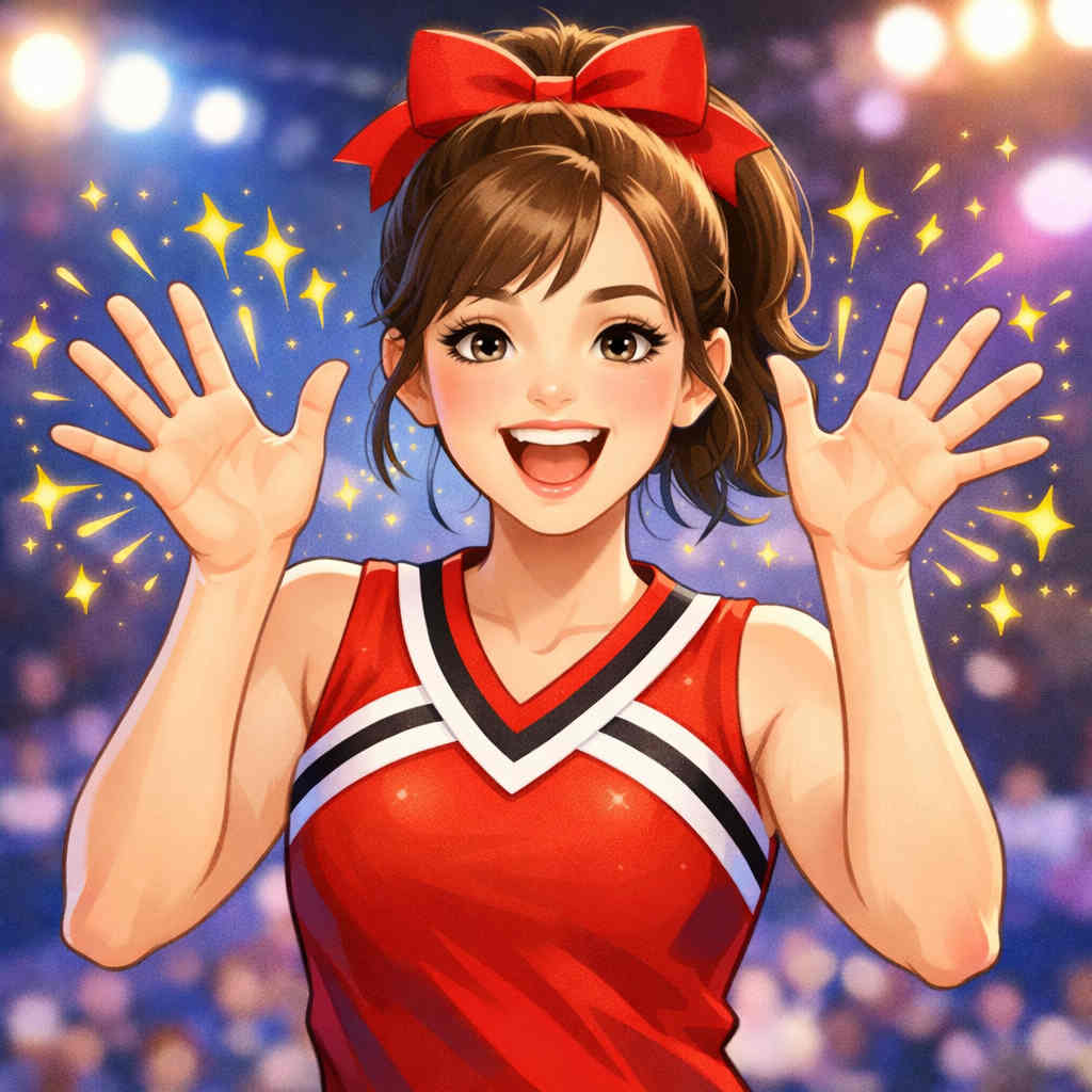 손가락을 활짝 펼치며 미소짓는 치어리더 이미지
