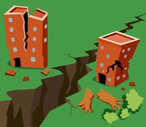 건물이 휘어지고 땅이 갈라지는 그림