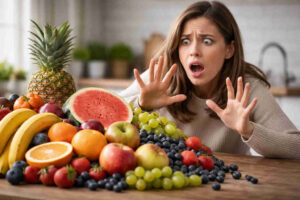 채소 앞에서 공포를 느끼는 여자의 모습