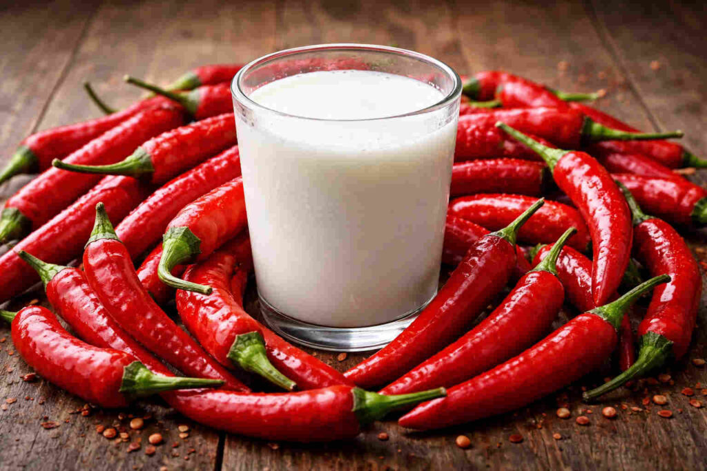 고추에 둘러싸인 우유 한 잔