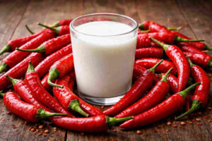 고추에 둘러싸인 우유 한 잔