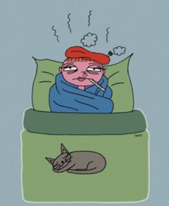 아파서 이불 속에 파묻혀 있는 환자 