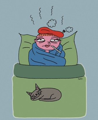 아파서 이불 속에 파묻혀 있는 환자