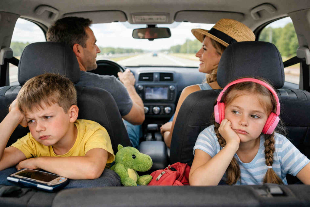 자동차 뒷좌석에 앉아서 지루해 하는 아이들
