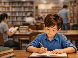 도서관의 약간의 소음 분위기에서 공부하는 어린이