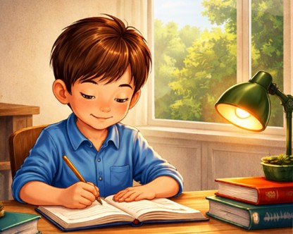 조용한 방 안에서 공부하는 어린이