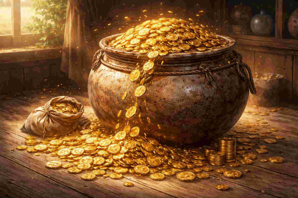 항아리에 금전이 넘쳐나는 그림