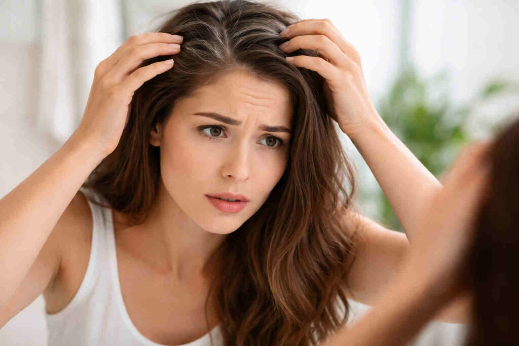 거울 앞에서 새치머리로 스트레스 받은 표정의 여자 얼굴