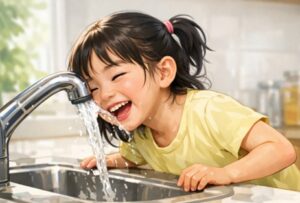 수도 꼬지에서 바로 물을 마시는 소녀 이미지