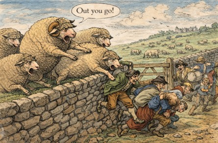 돌담 밖으로 사람을 내모는 양떼들