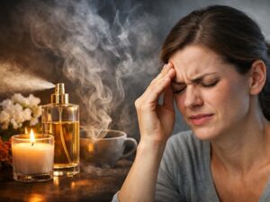 다양한 냄새 앞에서 두통을 느끼는 여성의 표정