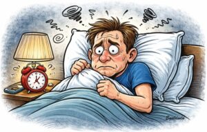 침대에 누워 공포에 질려 있는 표정