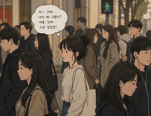 사람들 속에서 혼자말을 중얼거리는 20대 여자의 이미지