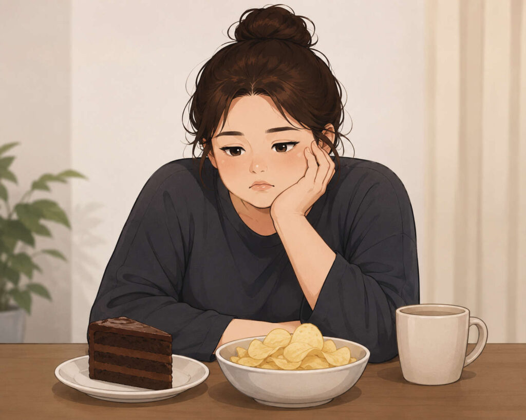 음식을 앞에 놓고 뚱한 표정을 보이고 있는 여자의 모습