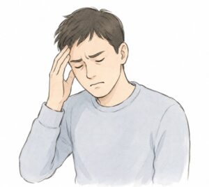 두통을 느끼는 표정의 캐리커쳐 이미지