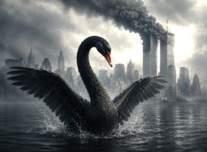 9.11 테러 이미지 앞에 날개를 퍼득이는 흑고니 이미지