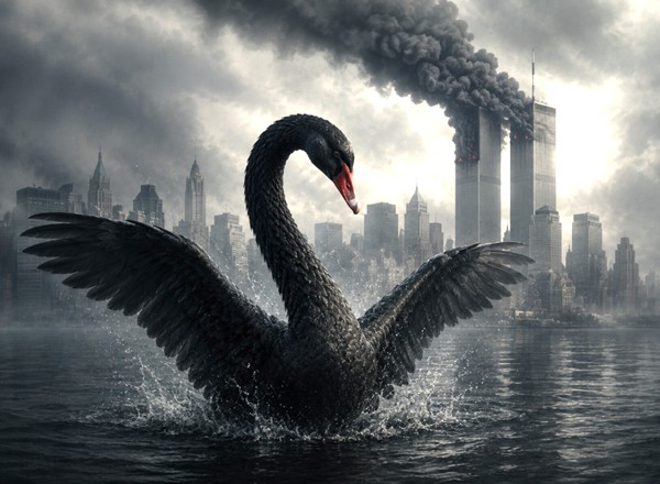 9.11 테러 이미지 앞에 날개를 퍼득이는 흑고니 이미지
