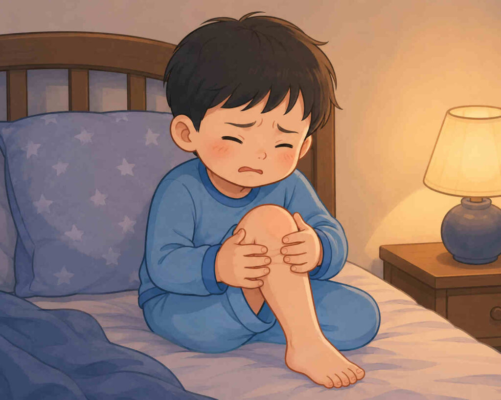 침대 위에서 다리를 만지며 고통을 표현하는 아이