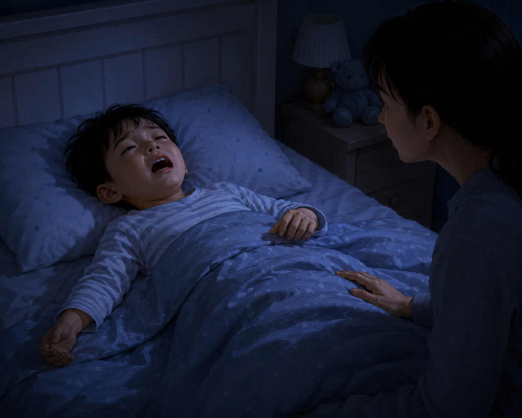 잠든 상테에서 공포에 질린 듯한 아이의 모습
