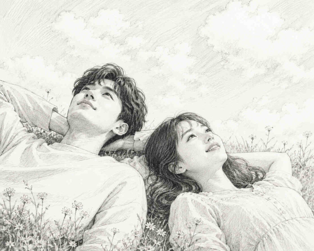 남녀가 하늘을 보며 다정하게 나란히 누워있다.