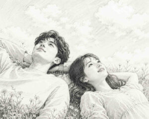 남녀가 하늘을 보며 다정하게 나란히 누워있다. 