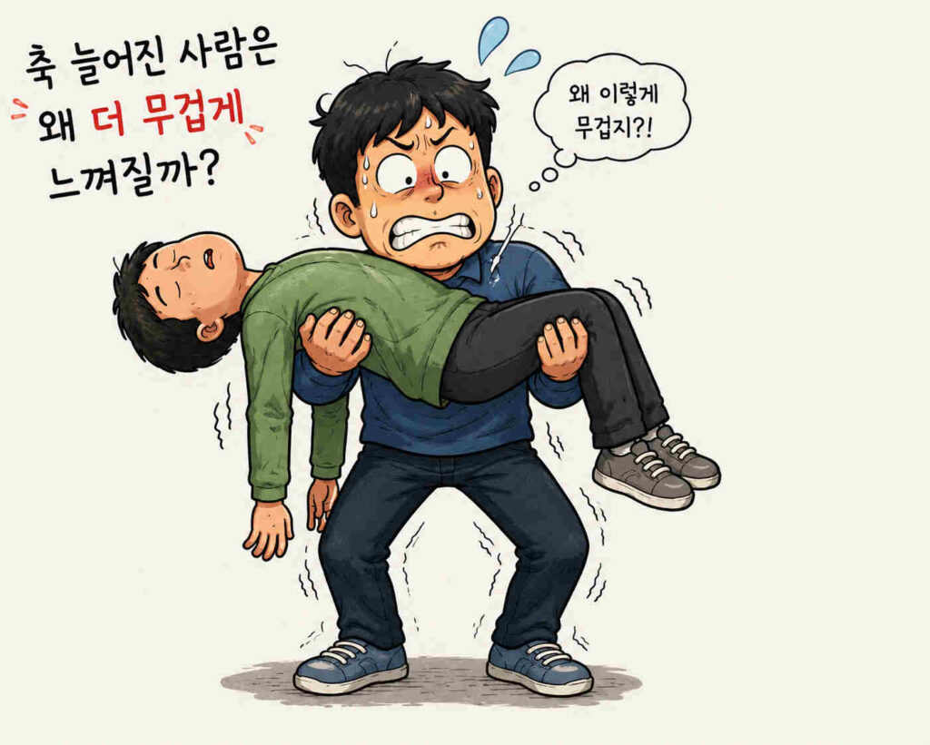 축 늘어진 사람을 힘겹게 두 팔에 안고 있는 남자의 이미지