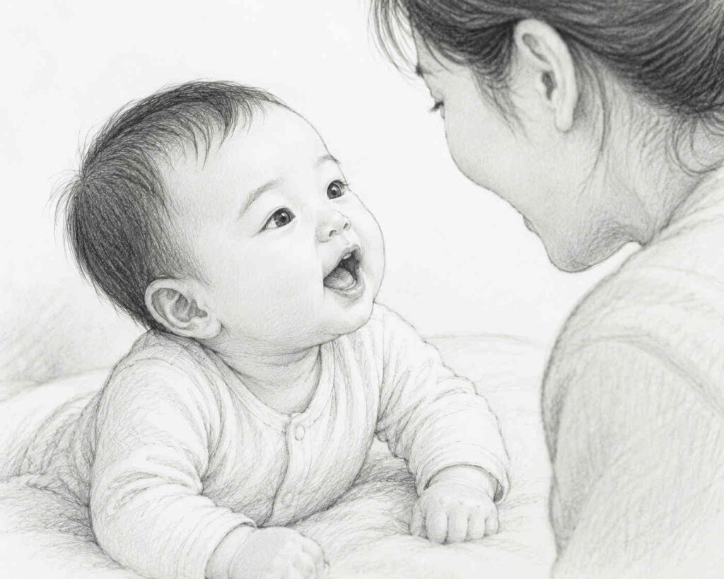 엄마와 옹알이 하는 아기 그림
