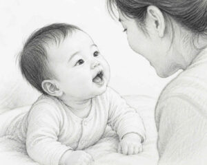 엄마와 옹알이 하는 아기 그림