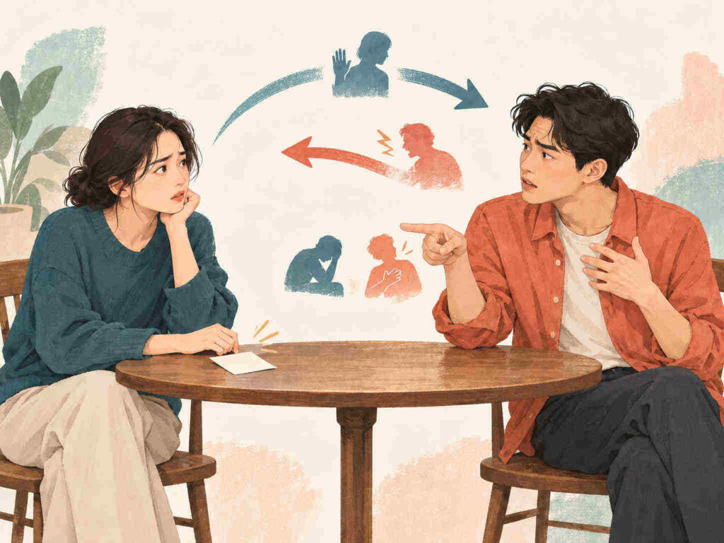 대화에서 공격자와 수비자가 바뀌는 과정을 묘사한 그림
