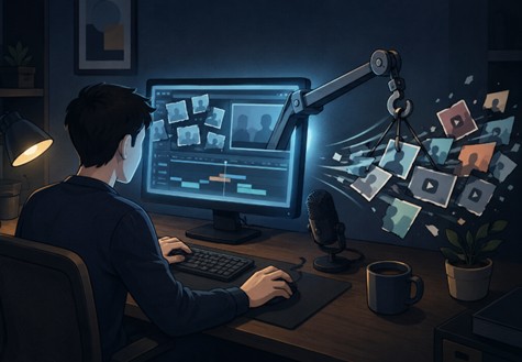 조회수와 수익을 향해 움직이는 크레인, 가짜뉴스의 조각들의 이미지